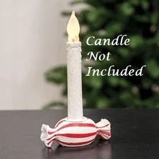 NEW Primitive CANDY TAPER CANDLE HOLDER RED WHITE 3.5"W Christmas Winter STRIPED