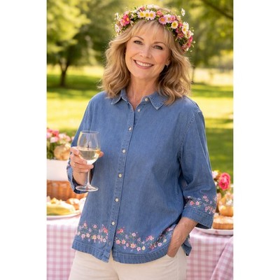 Bechamel Womens denim shirt / blouse with floral embroidery size 1X 100% cotton