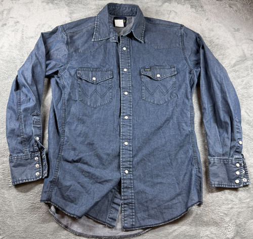 Wrangler Denim Western Snap Shirt Medium Blue Pearl Snap Cowboy