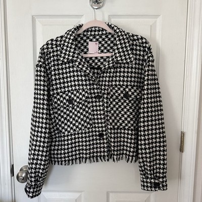NWOT SO Black & White Houndstooth Cropped Oversize Jacket w/ Frayed Hem Size XL