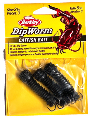 Berkley 2'' DipWorm Catfish Bait Black 3 Count Package Size 6 2X Strong Hook