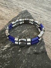 Silver Magnetic Hematite Therapy Bracelet Anklet 2 Row w Lapis
