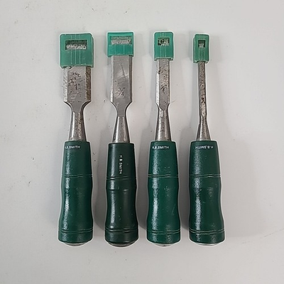 #ad Lot of 4 HB Smith Woodworking Chisels Green Handles 1 4quot; 1 2quot; 3 4quot; 1quot; $22.45