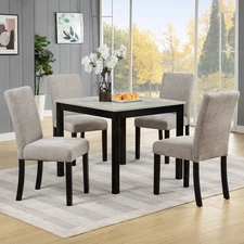 5-Piece Wood Square Dining Table Set 34.5" Concrete-Effect Tabletop 4 Chairs Set