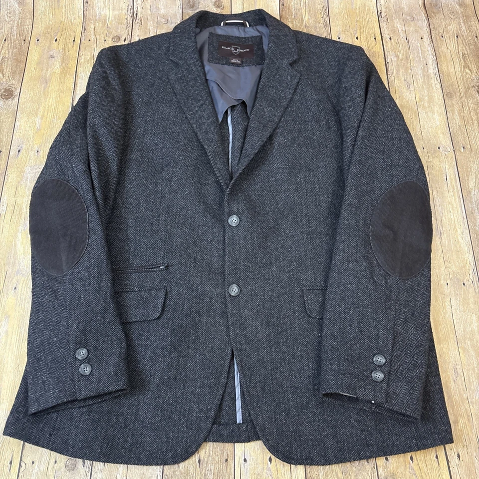 Black Brown 1826 Blazer Unstructured Herringbone Tweed Elbow Patches Mens XL - Image 2 of 4