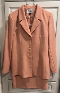 VTG LE SUIT Skirt Suit Peach Orange 8-Button Jacket Elastic Waist Skirt Size 10