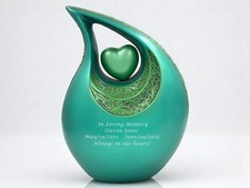 Personalized Green Teardrop Cremation Urn with Heart Adult Memorial Urn