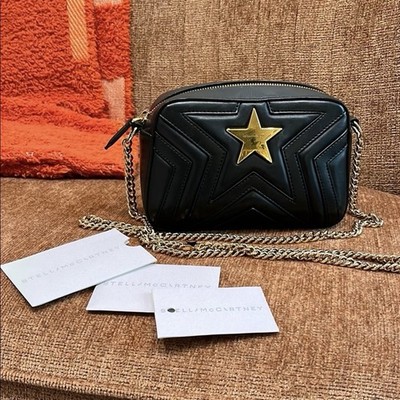 Stella McCartney Black Star Quilted Cross Body Bag Gold Hardware