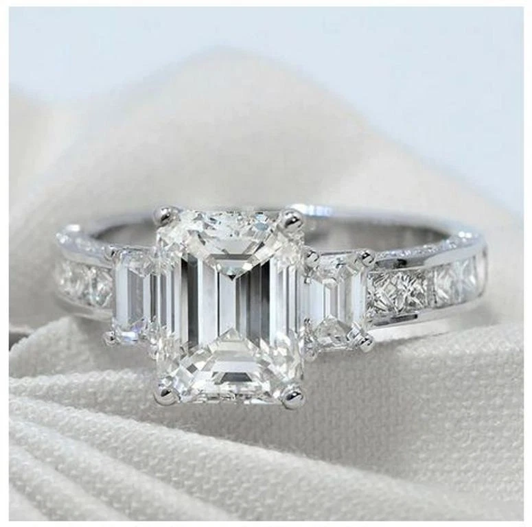 3.10Ct Emerald Cut Lab Created Diamond 3-Stone Engagement Ring 14K White Gold - Image 3 of 4