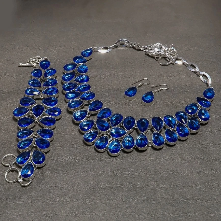 Faceted Tanzanite Quartz Pear Shape Gemstone Handmade Gift Necklace Jewelry Set - Image 4 of 4