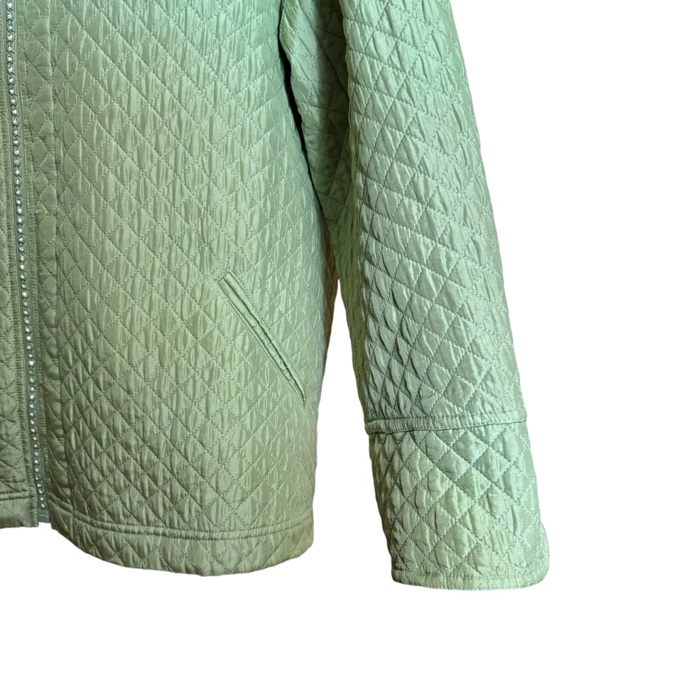 The Quacker Factory Quilted Jacket 1X Green Silk Zippered Embellished Outerwear - Image 3 of 4