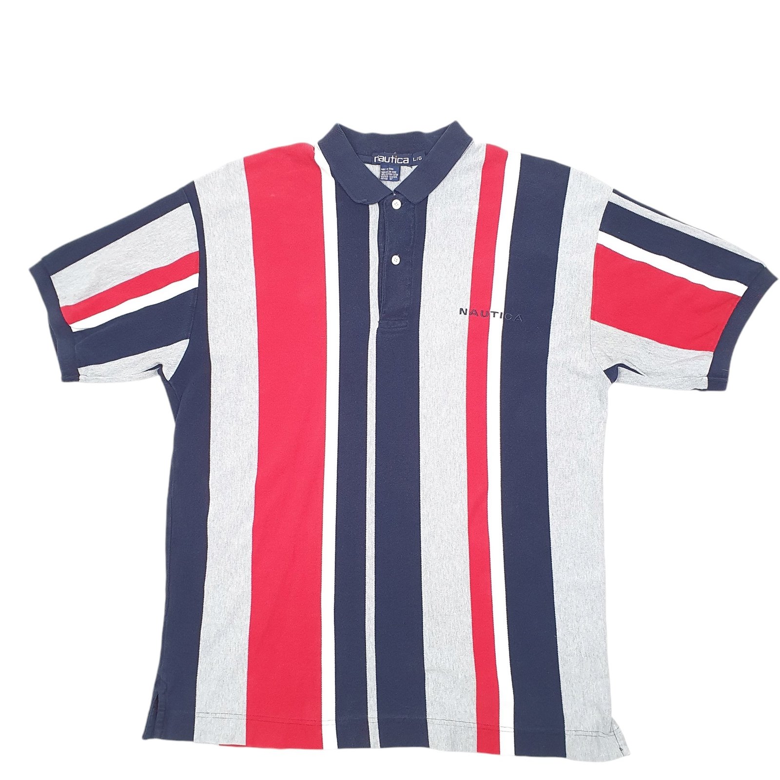 NAUTICA Grey Polo Shirt Vintage Striped Short Sleeve Cotton Mens L