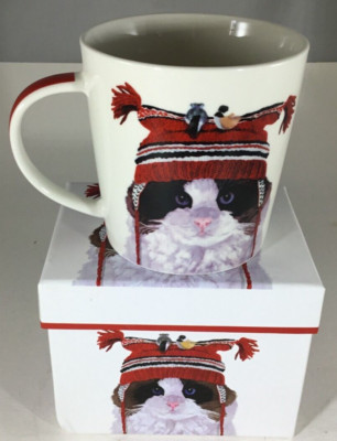 Bone China/Porcelain Cat In A Cap White w/Red Accents Coffee, Tea. New. Boxed
