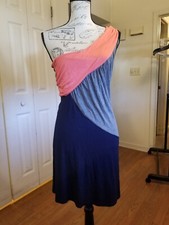 Women's Dress Medium Pink Rose Blue Coral Colorblock One Shldr Bodycon Mini EUC 