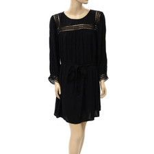 Lucky Brand Rayon Geo Crochet Lace Shift Dress Baby Doll Black S