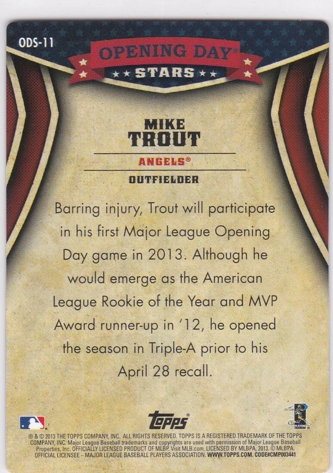 MIKE TROUT 2013 Topps OPENING DAY STARS INSERT $$ CARD Baseball ANGELS MINT! - Image 2 of 2
