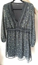 Zara Chiffon Floral Dress Womens Size L Large Black Green Long Sleeve Summer