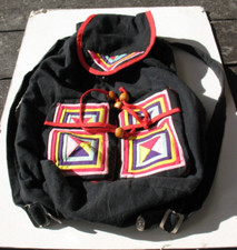 Drawstring Backpack Quilted Patchwork Black with ties Colorful Small