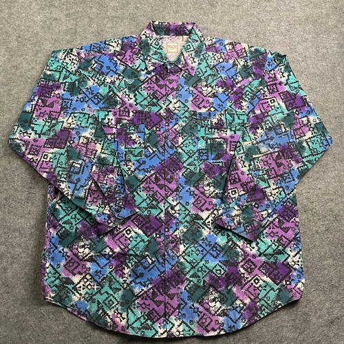 Vintage Western Plains Trading Shirt Men Large Blue Purple Western Aztec Cowboy
