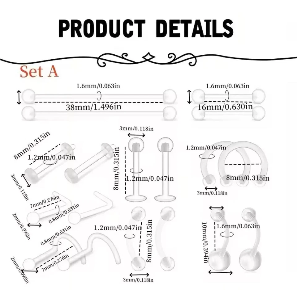 9 Ptz PIERCING ACCIAIO INOX BARBELL BARBETTA BILANCINO ORECCHIO LINGUA UNISEX - Immagine 2 di 4