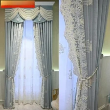 White Lace Screen Splicing with Chenille Curtains for Room Bay Window Valance