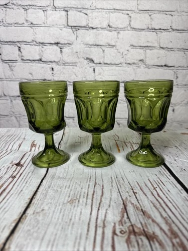 Anchor Hocking (3) Vintage  Fairfield Avocado Green Stemmed Goblets Glasses 6"