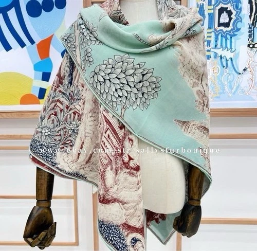 Sallys 70% Cashmere & 30% Silk Wrap Scarf Sanctuary Print 2 Face Shawl 53" Aqua