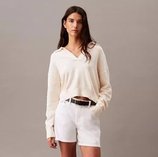 NWT Calvin Klein Womens Cream Smooth Cotton cropped pullover sweater Medium 
