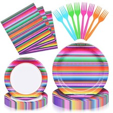 96 Pieces Mexican Fiesta Party Tableware Set - Colorful Serape Stripe Disposa...
