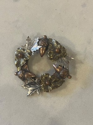 Maple Oak Leaf Acorn Fall Wreath Autumn Brooch Mixed Metal Copper Brass Silver