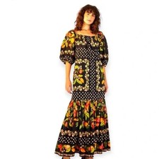FARM RIO Cocoa Paradise Puff Sleeve Maxi Dress Tropical Fruit Black size Medium