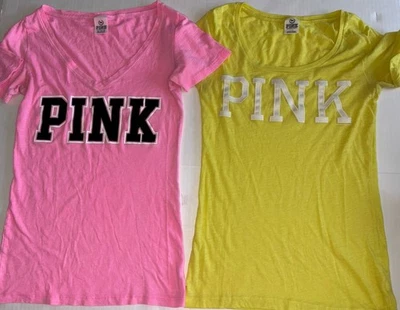 2 Victorias Secret PINK Womens V-Neck Y2K Jersey T-Shirt Stitched XS / S - Image 1 of 4