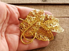 Judy Lee Leaf Brooch Pin 3" Large Vintage Gold-tone Filigree Layered fb1-103