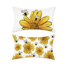 Set of 2 Summer Throw Pillow Covers 12x20 Inch - Yellow Sunflower Bee