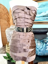 Y2K Vtg Bebe Strapless Layered Mini Bandage Dress Belted sz Xs Bronze Brown