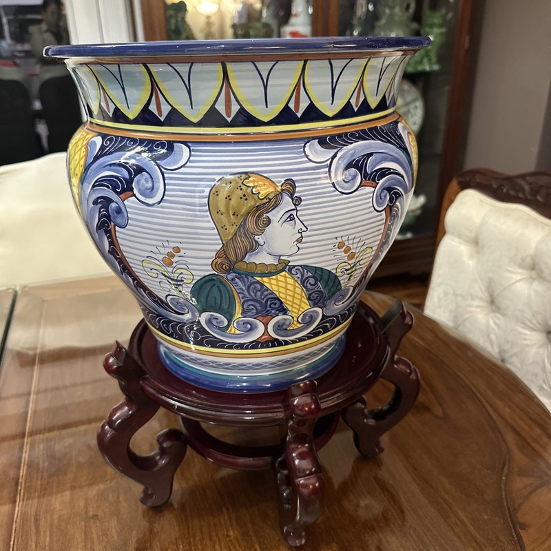 Deruta Planter Hand Painted Pottery Planter Made in Italy W Wood Stand