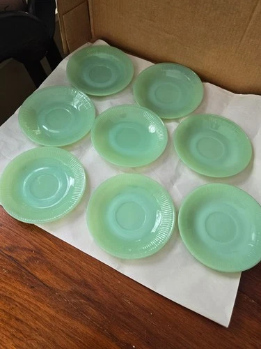 SET OF 8 FIRE KING JANE RAY JADEITE / JADITE SAUCERS - SEE PICS AND DESCRIPTION