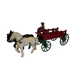 Vintage Kenton Cast Iron Horse Drawn Red Wagon with Green Wheels  Driver
