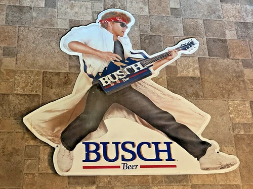 Vintage Busch Beer Metal Sign, Rock & Roller Guitar Man Size 32" x 29"