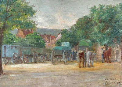 Tableau Ancien Huile French Panneau Saverne Alsace Jour de Marché Chevaux Signé - Photo 1/4