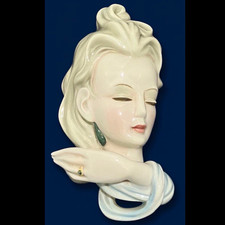 Ceramic Wall Mask Female Face White & Blue Glossy Abstract Art 1950s