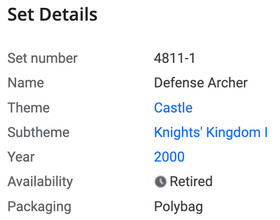 BRAND NEW RARE 2000 LEGO #4811 Knights' Kingdom I Defense Archer 14 Pieces