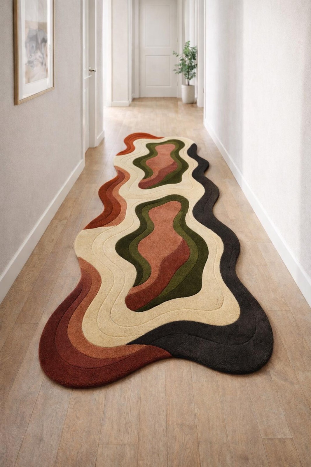 Abstract Wavy Runner Rug | Irregular Shape Hand Tufted Runner | Modern Hallway