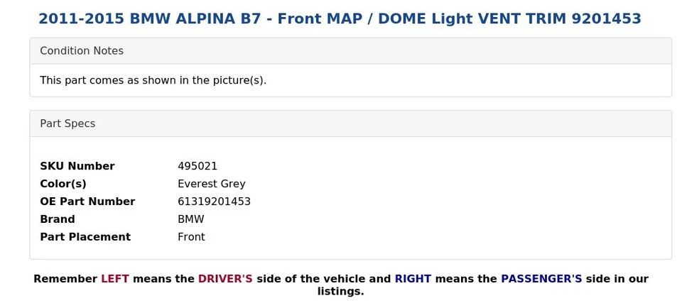 2011-2015 BMW ALPINA B7 - передняя карта / купол света вентиляционная отделка 9201453 - Изображение 4 из 4