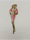 VTG Lady Rhinestone Brooch Pink Enamel Costume Jewelry Gold Tone 80s 3.25 In