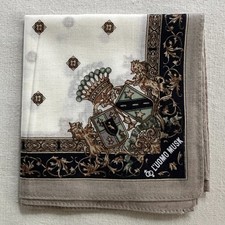 Vintage Handkerchief Beige Cotton Border Baroque Symbol Crest Pocket Square 18"E