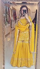 New Fancy Heavy Faux Georgette Top Palazzo And Yellow Dupatta For Festival Wear