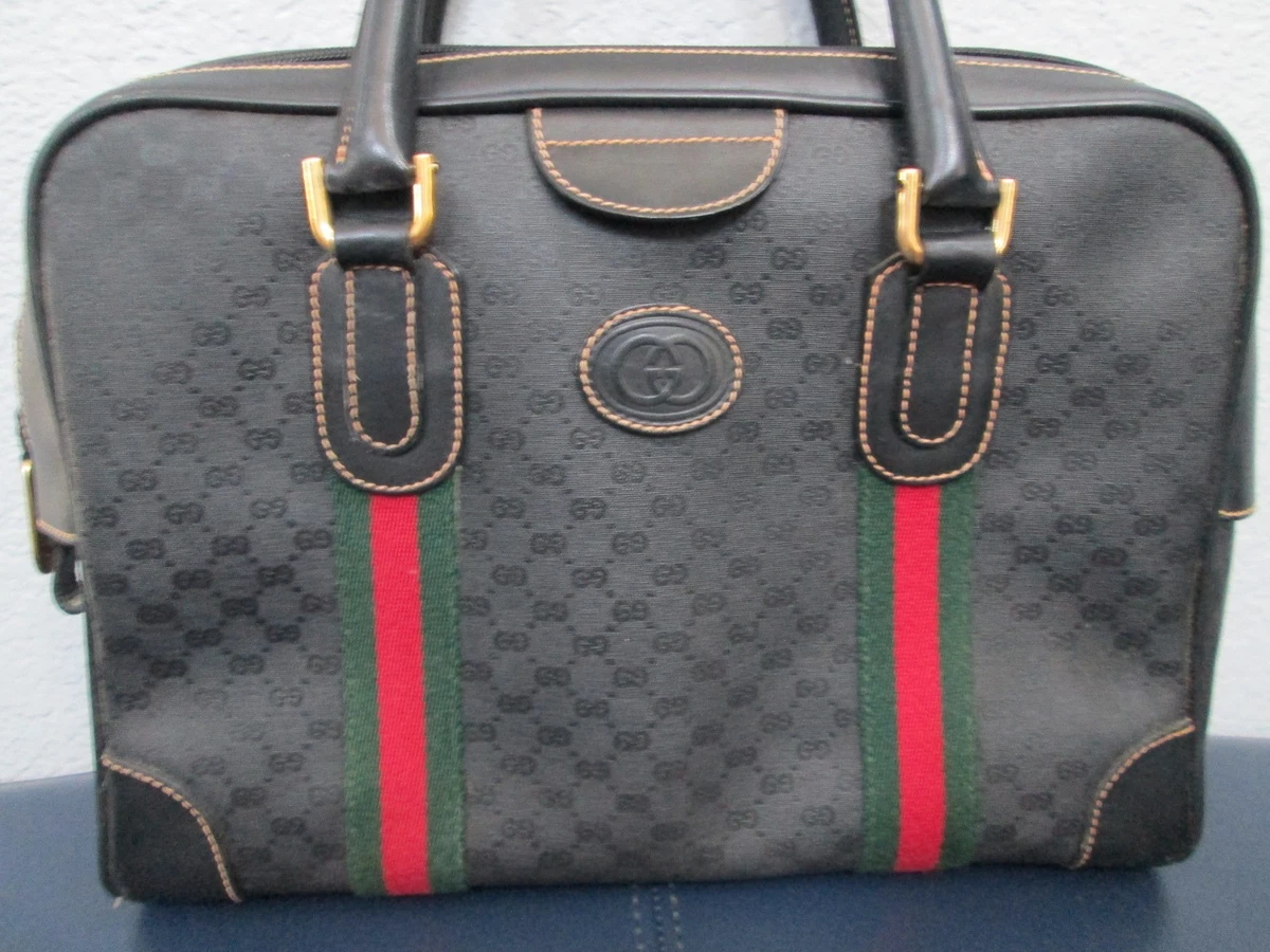 Authentic Vintage Gucci Black Classic Satchel Red Green Stripe Leather Purse HTF
