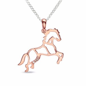 Authentic Round Cut Natural Diamond Accent Stallion Horse Pendant Rose Gold Plated Silver