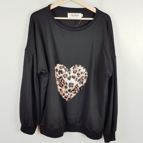 [ CAROLINA ] Womens Black Heart Print Sweatshirt Jumper | L / XL or AU 18 / 20 - Bild 1 von 6